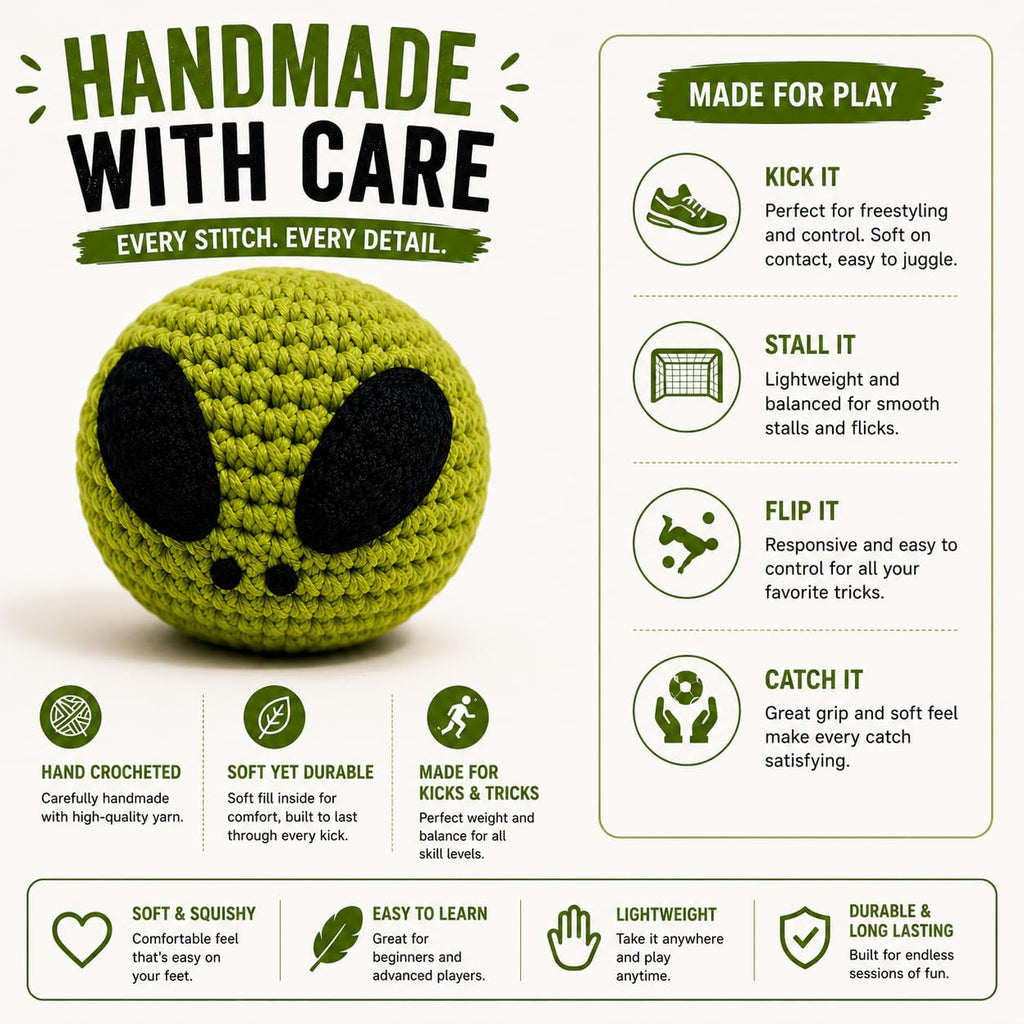 Handmade Crochet Footbag – Soft Weighted Freestyle Kick Ball for Tricks, Stalls & Juggling, Collectible Crochet Design, Fun Gift for Teens & Adults