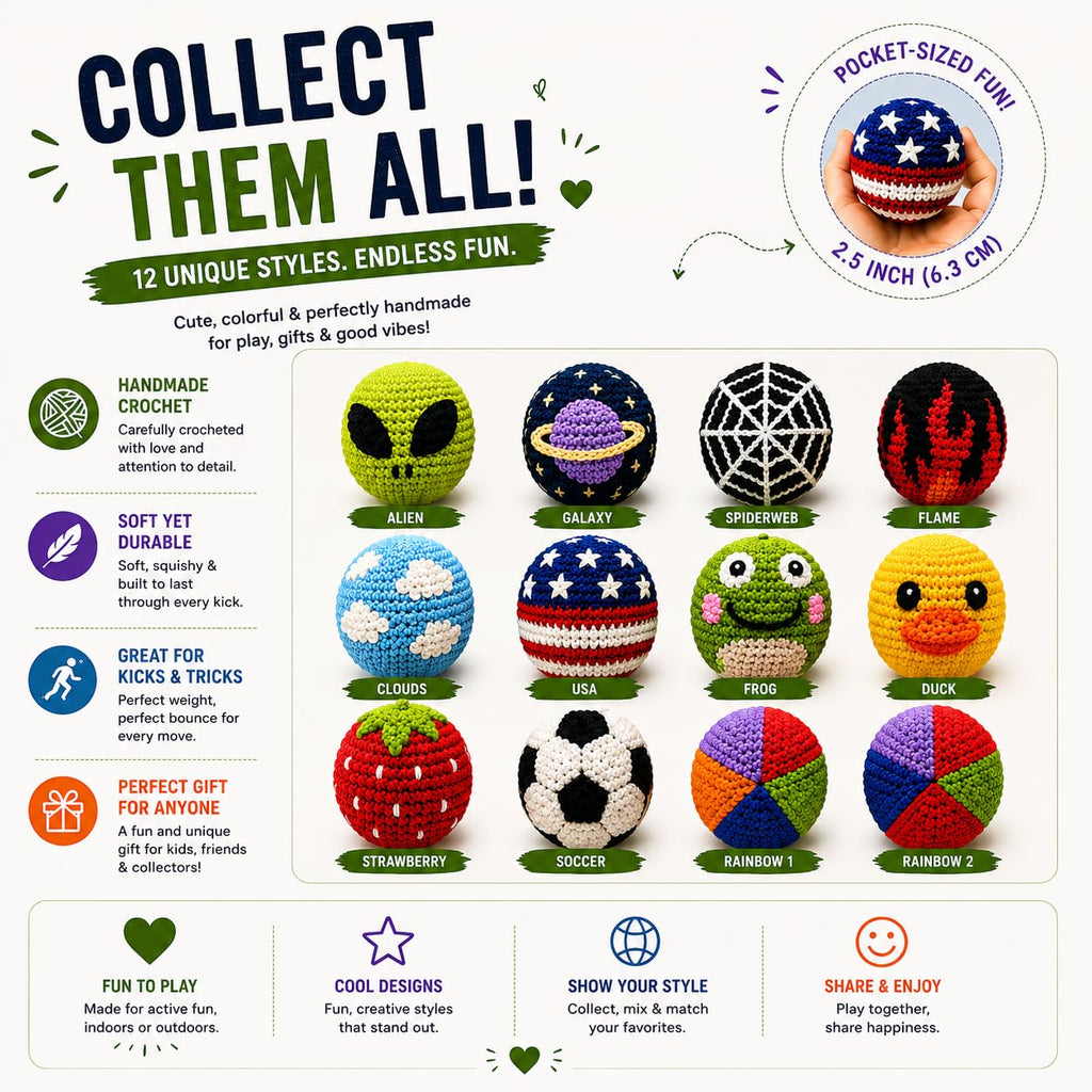 Handmade Crochet Footbag – Soft Weighted Freestyle Kick Ball for Tricks, Stalls & Juggling, Collectible Crochet Design, Fun Gift for Teens & Adults