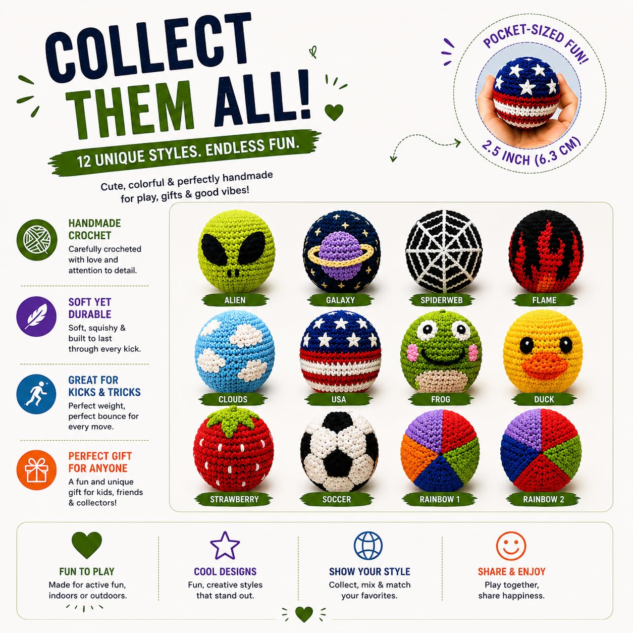 Handmade Crochet Footbag – Soft Weighted Freestyle Kick Ball for Tricks, Stalls & Juggling, Collectible Crochet Design, Fun Gift for Teens & Adults