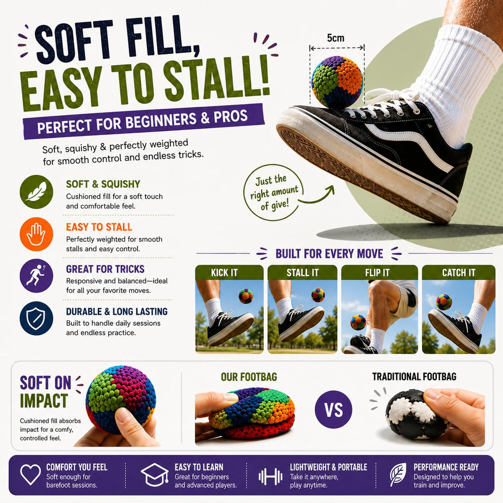 Handmade Crochet Footbag – Soft Weighted Freestyle Kick Ball for Tricks, Stalls & Juggling, Collectible Crochet Design, Fun Gift for Teens & Adults