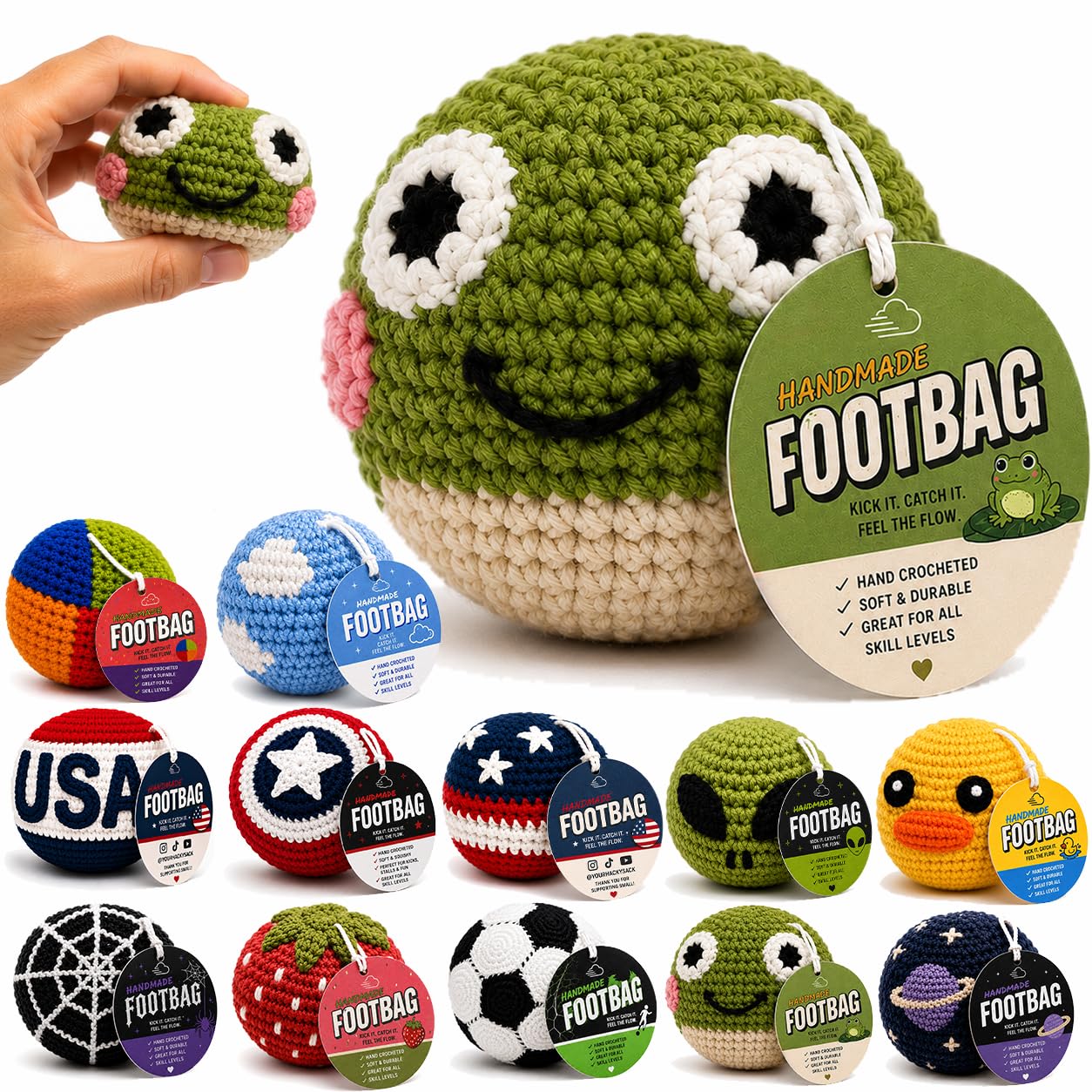 Handmade Crochet Footbag – Soft Weighted Freestyle Kick Ball for Tricks, Stalls & Juggling, Collectible Crochet Design, Fun Gift for Teens & Adults