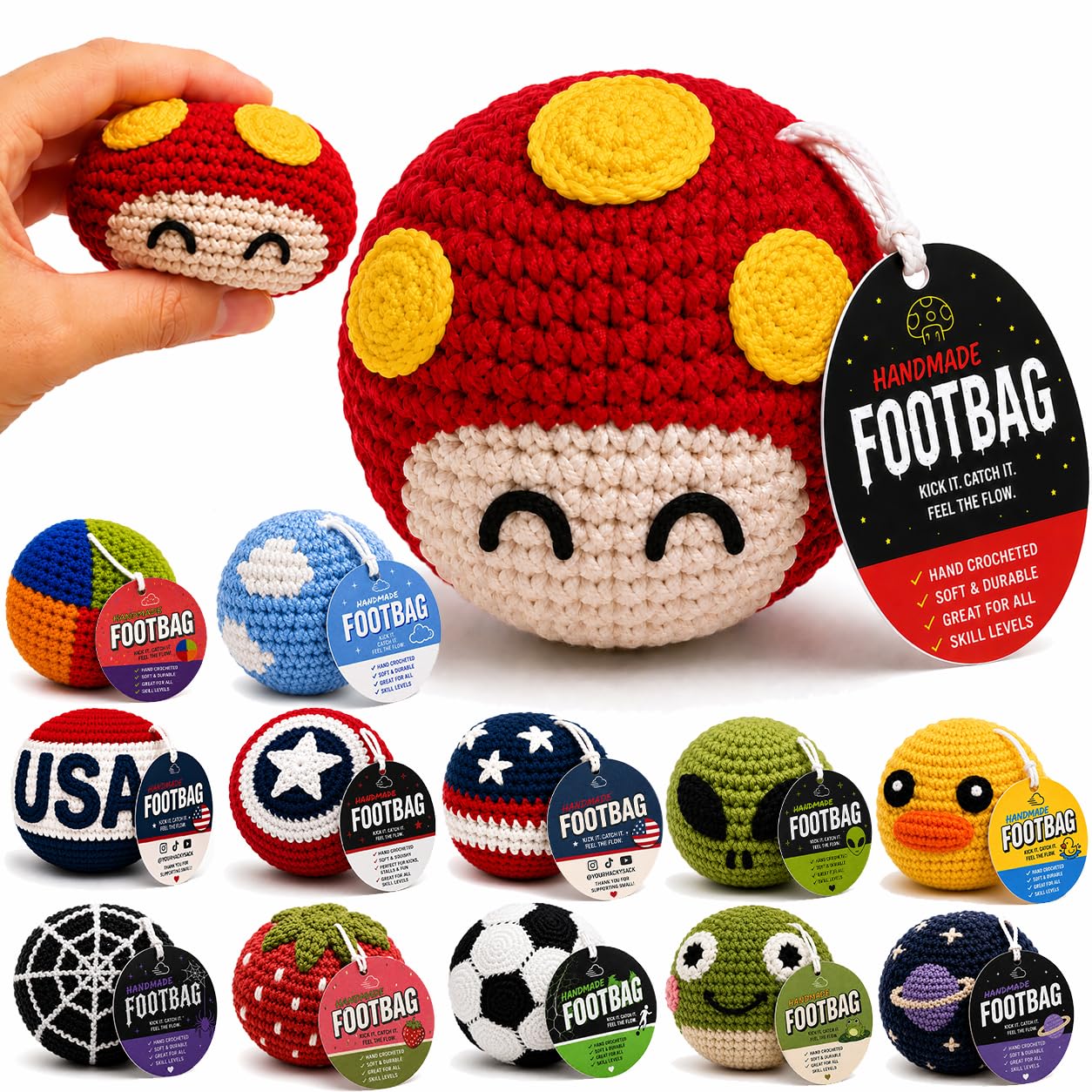 Handmade Crochet Footbag – Soft Weighted Freestyle Kick Ball for Tricks, Stalls & Juggling, Collectible Crochet Design, Fun Gift for Teens & Adults