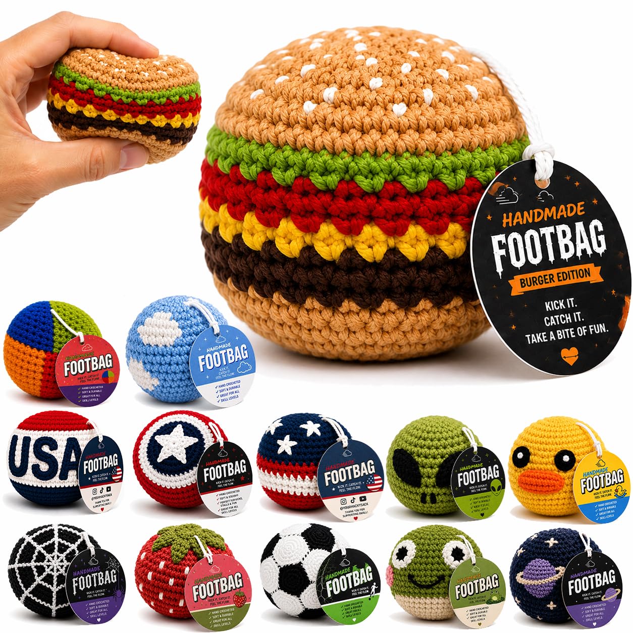 Handmade Crochet Footbag – Soft Weighted Freestyle Kick Ball for Tricks, Stalls & Juggling, Collectible Crochet Design, Fun Gift for Teens & Adults