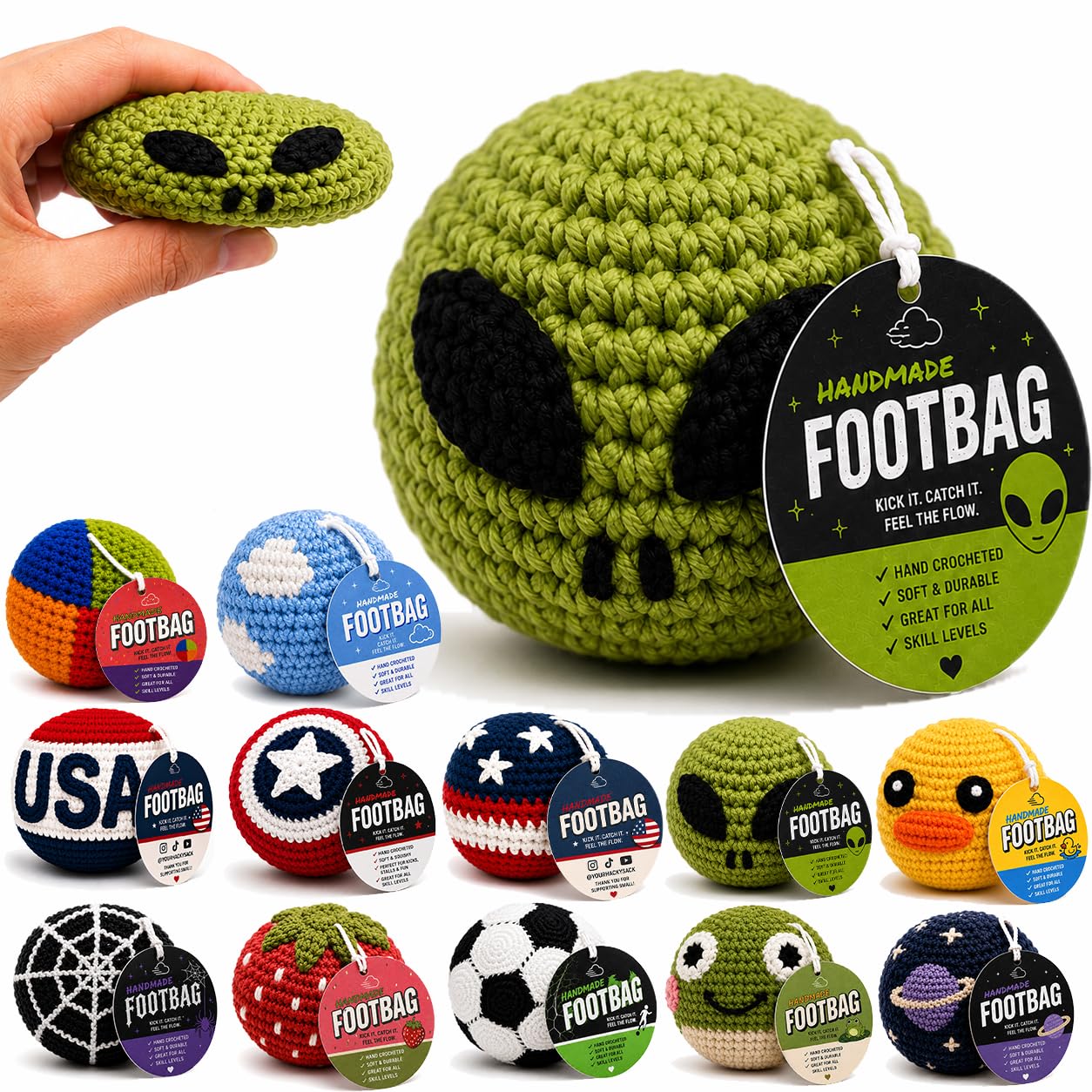 Handmade Crochet Footbag – Soft Weighted Freestyle Kick Ball for Tricks, Stalls & Juggling, Collectible Crochet Design, Fun Gift for Teens & Adults