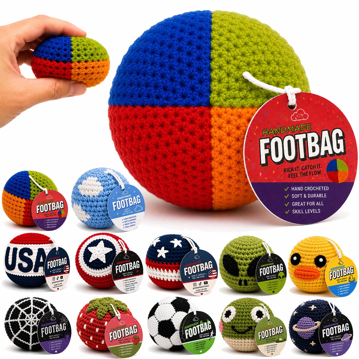 Handmade Crochet Footbag – Soft Weighted Freestyle Kick Ball for Tricks, Stalls & Juggling, Collectible Crochet Design, Fun Gift for Teens & Adults