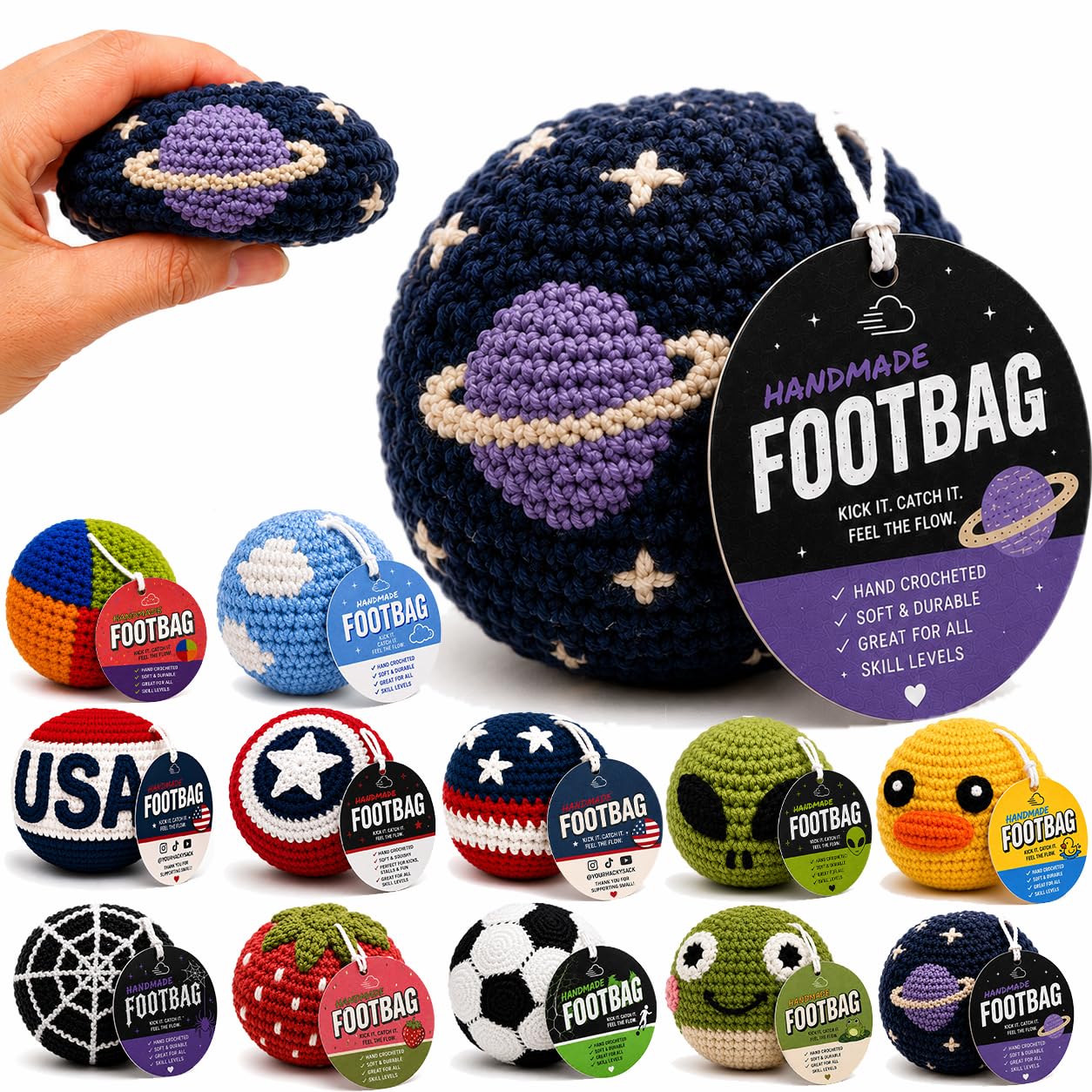 Handmade Crochet Footbag – Soft Weighted Freestyle Kick Ball for Tricks, Stalls & Juggling, Collectible Crochet Design, Fun Gift for Teens & Adults