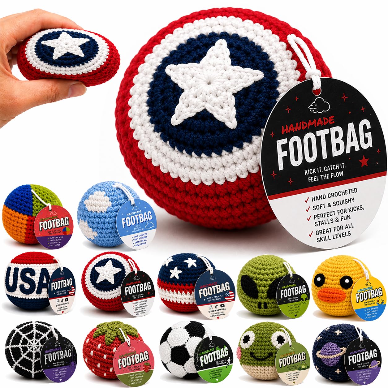 Handmade Crochet Footbag – Soft Weighted Freestyle Kick Ball for Tricks, Stalls & Juggling, Collectible Crochet Design, Fun Gift for Teens & Adults