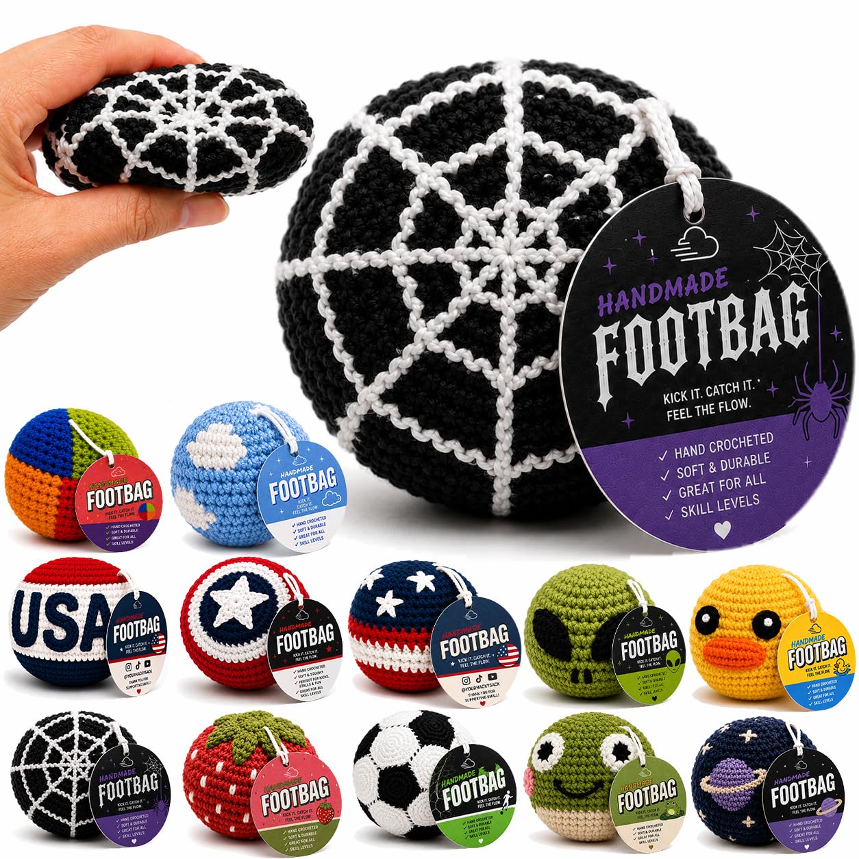 Handmade Crochet Footbag – Soft Weighted Freestyle Kick Ball for Tricks, Stalls & Juggling, Collectible Crochet Design, Fun Gift for Teens & Adults
